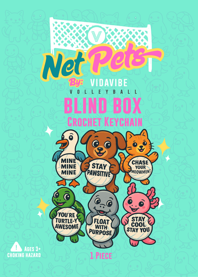 Net Pets by Vidavire volleyball blind box crochet keychain packaging with colorful characters on a light blue background.